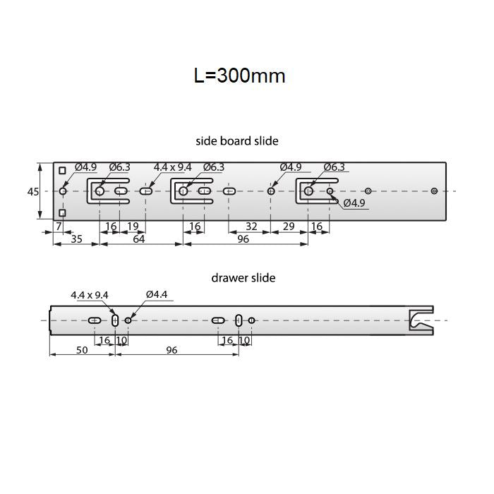 Guide per cassetti push pull 300mm - H45 (sinistra e destra)