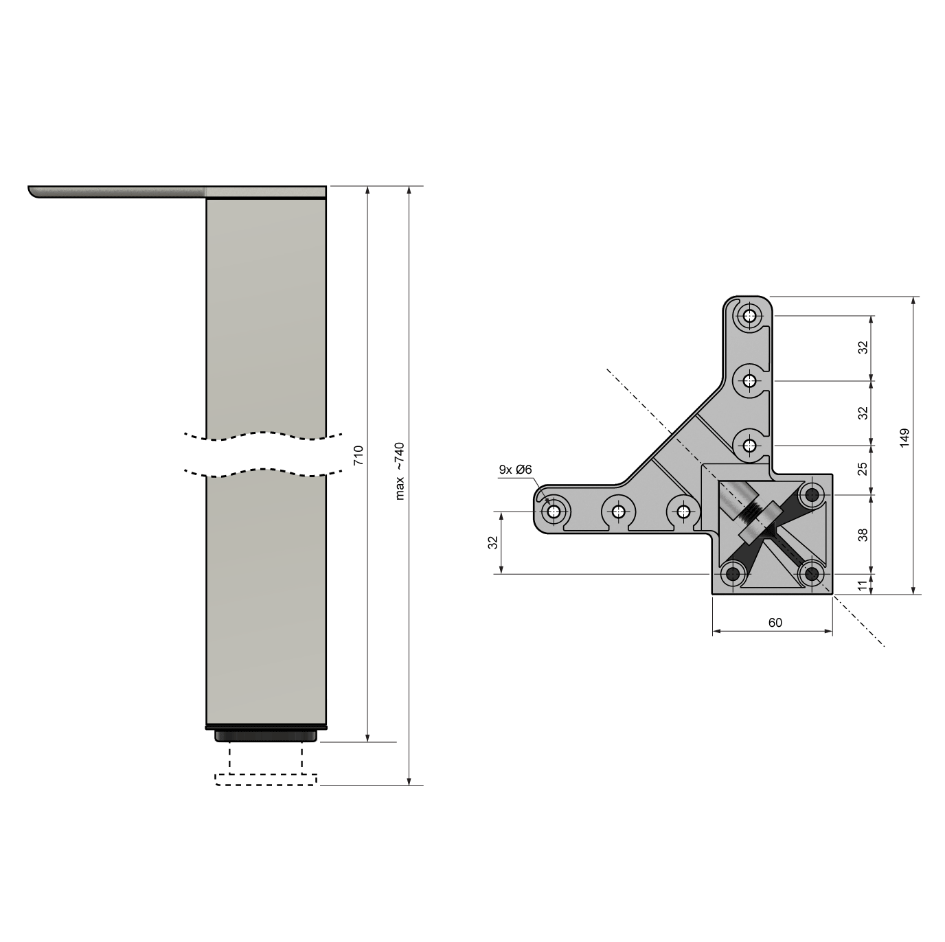 Piedini per Mobili regolabili alluminio 710mm - Altezza 100mm Furnica