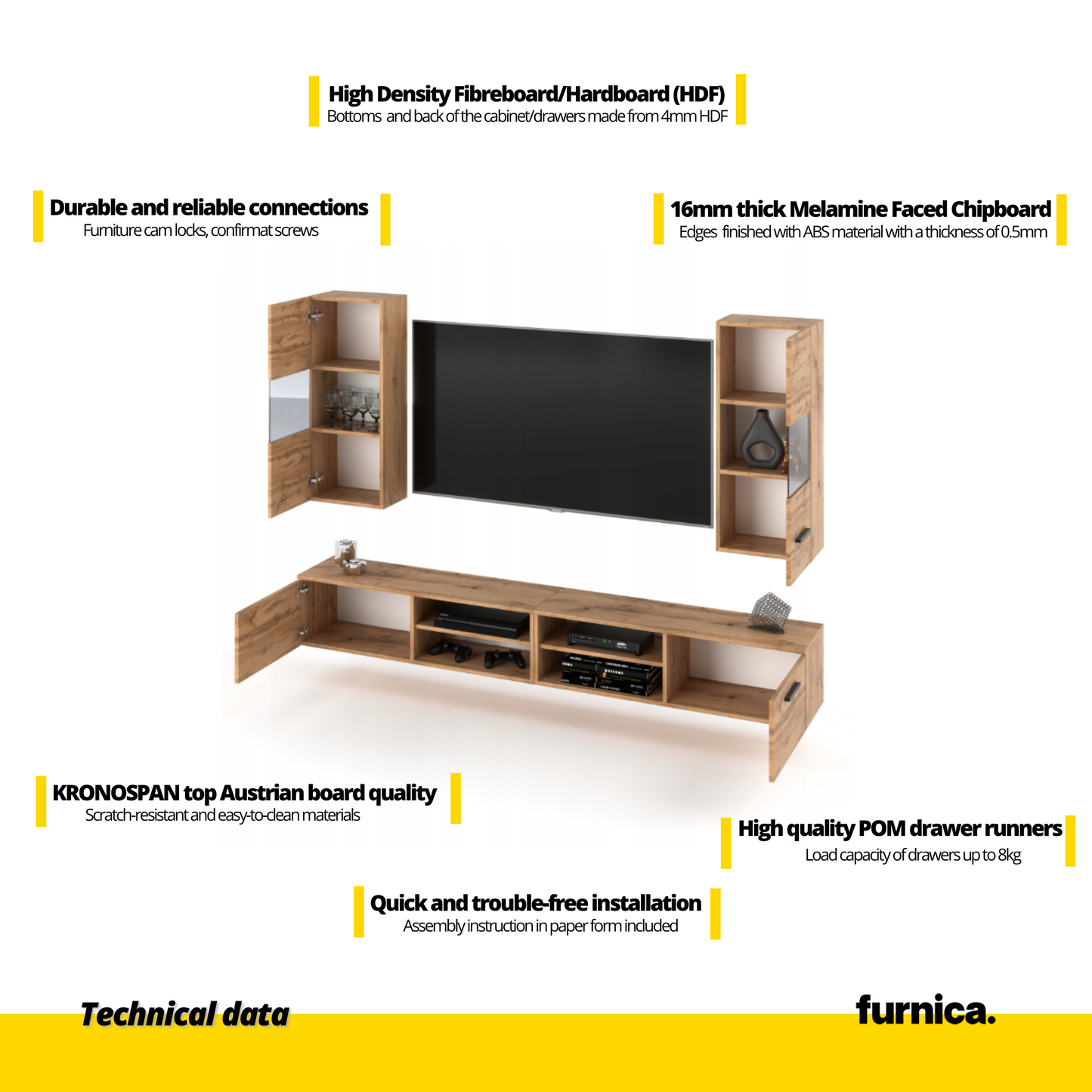 MIRANDA - Set di mobili TV sospesi - 4 armadi - Rovere Wotan / Grigio Antracite