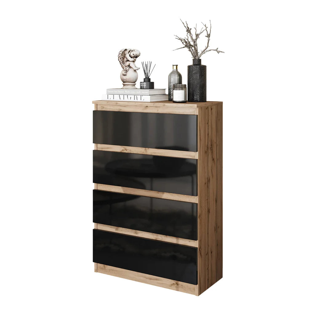 GABRIEL - Cassettiera a 4 cassetti - Credenza per camera da letto - Quercia wotan / Nero lucido