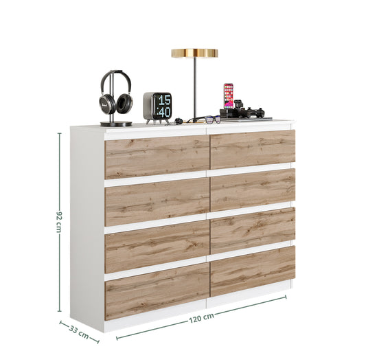 GABRIEL - Cassettiera a 8 cassetti - Credenza per camera da letto - Bianco opaco / Rovere Wotan