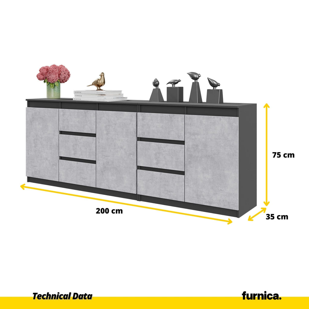 MIKEL - Cassettiera con 6 cassetti e 3 ante - Credenza per camera da letto - Antracite / Calcestruzzo H75cm L200cm P35cm