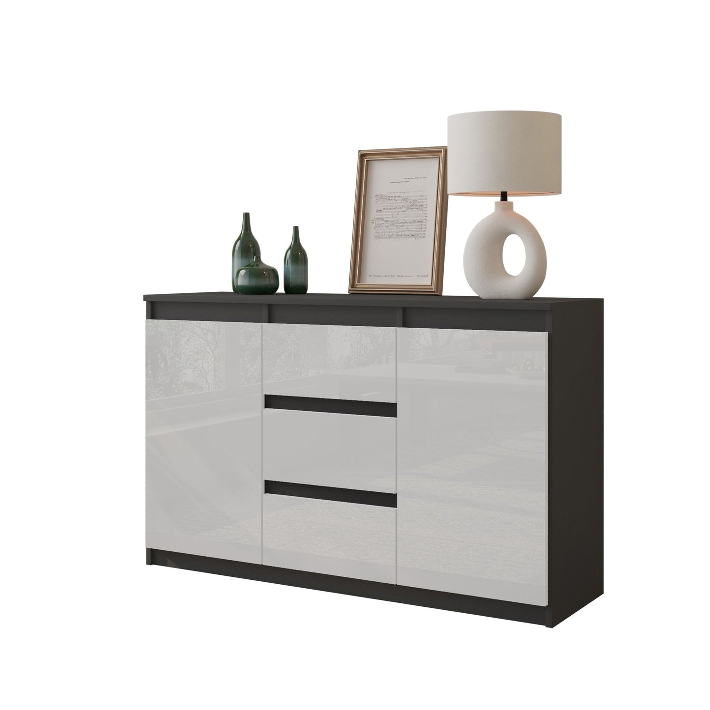MIKEL - Cassettiera con 3 cassetti e 2 ante - Credenza per camera da letto - Antracite / Bianco Lucido