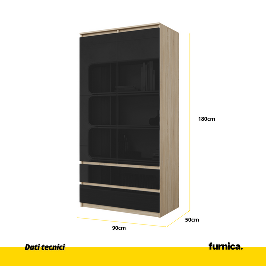 JOELLE - Armadio a 2 ante con 2 cassetti - Rovere Sonoma / Nero Lucido H180cm L90cm P50cm