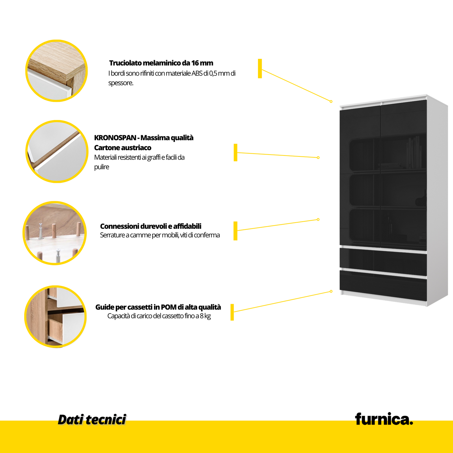 JOELLE - Armadio a 2 ante con 2 cassetti - Bianco opaco / Nero Lucido H180cm L90cm P50cm