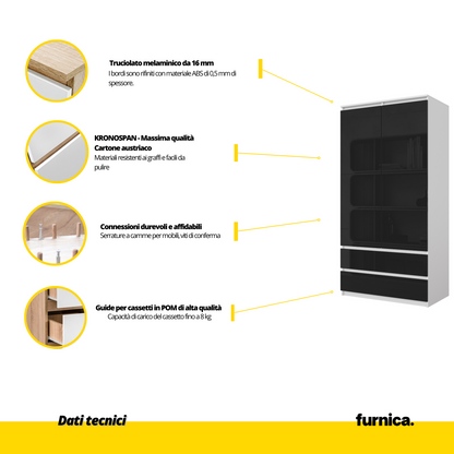 JOELLE - Armadio a 2 ante con 2 cassetti - Bianco opaco / Nero Lucido H180cm L90cm P50cm