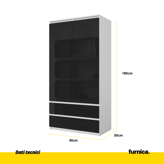 JOELLE - Armadio a 2 ante con 2 cassetti - Bianco opaco / Nero Lucido H180cm L90cm P50cm