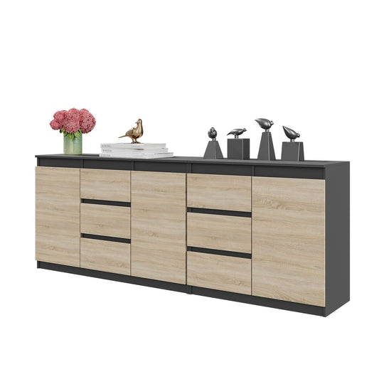 MIKEL - Cassettiera a 6 cassetti e 3 ante - Credenza per camera da letto - Antracite / Rovere Sonoma H75cm L200cm P35cm