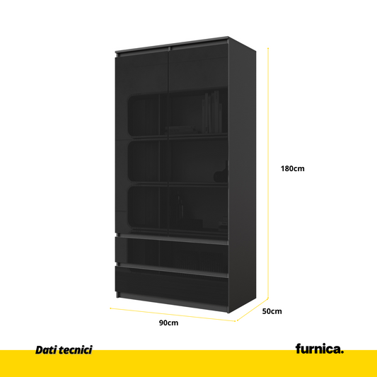 JOELLE - Armadio a 2 ante con 2 cassetti - Antracite / Nero Lucido H180cm L90cm P50cm