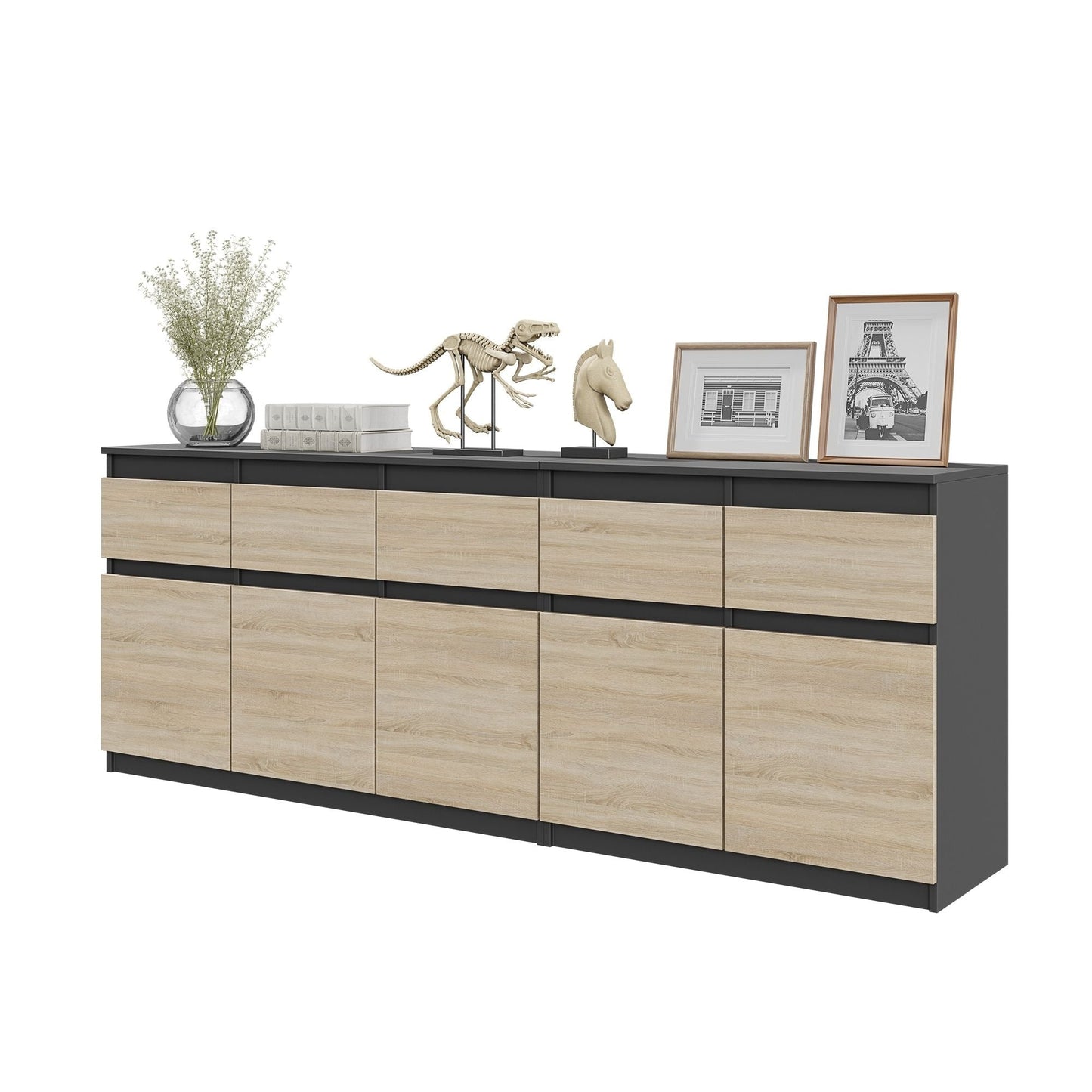 NOAH - Cassettiera a 5 cassetti e 5 ante - Credenza per camera da letto - Antracite / Rovere Sonoma H75cm L200cm P35cm