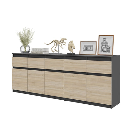 NOAH - Cassettiera a 5 cassetti e 5 ante - Credenza per camera da letto - Antracite / Rovere Sonoma H75cm L200cm P35cm