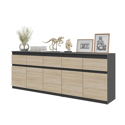 NOAH - Cassettiera a 5 cassetti e 5 ante - Credenza per camera da letto - Antracite / Rovere Sonoma H75cm L200cm P35cm
