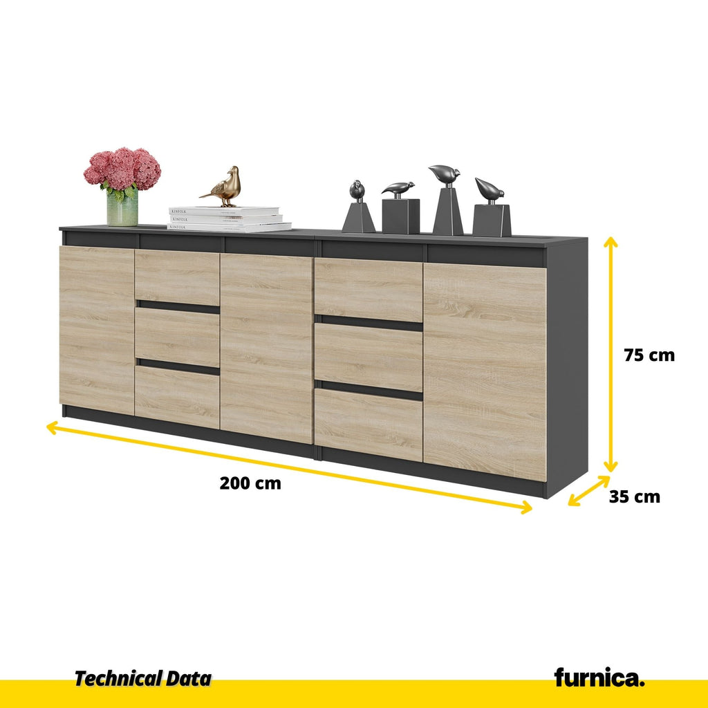 MIKEL - Cassettiera a 6 cassetti e 3 ante - Credenza per camera da letto - Antracite / Rovere Sonoma H75cm L200cm P35cm