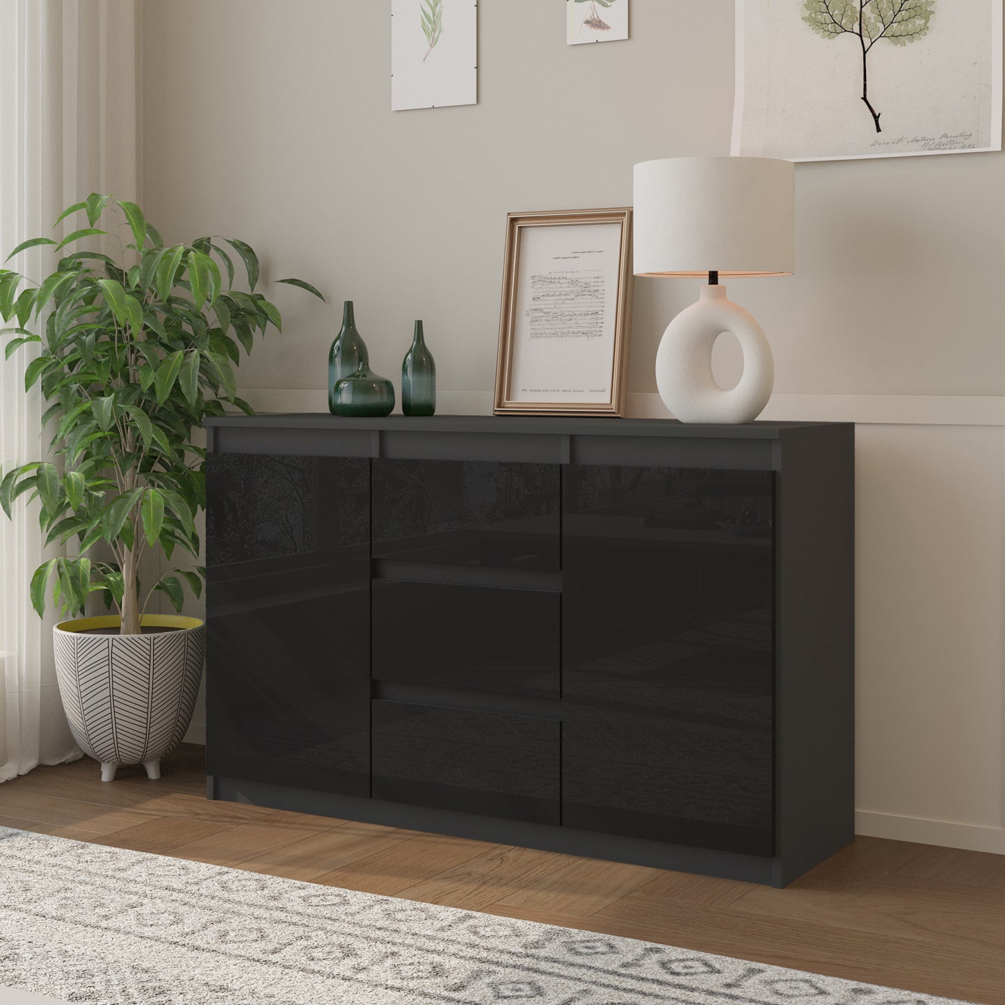MIKEL - Cassettiera a 3 cassetti e 2 ante - Credenza per camera da letto - Antracite / Nero Lucido
