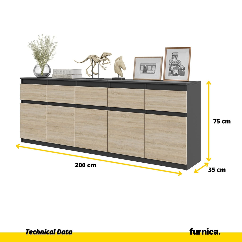 NOAH - Cassettiera a 5 cassetti e 5 ante - Credenza per camera da letto - Antracite / Rovere Sonoma H75cm L200cm P35cm