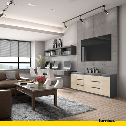 MIKEL - Cassettiera a 6 cassetti e 3 ante - Credenza per camera da letto - Antracite / Rovere Sonoma H75cm L200cm P35cm