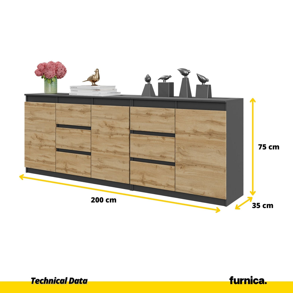 MIKEL - Cassettiera a 6 cassetti e 3 ante - Credenza per camera da letto - Antracite / Rovere Wotan H75cm L200cm P35cm