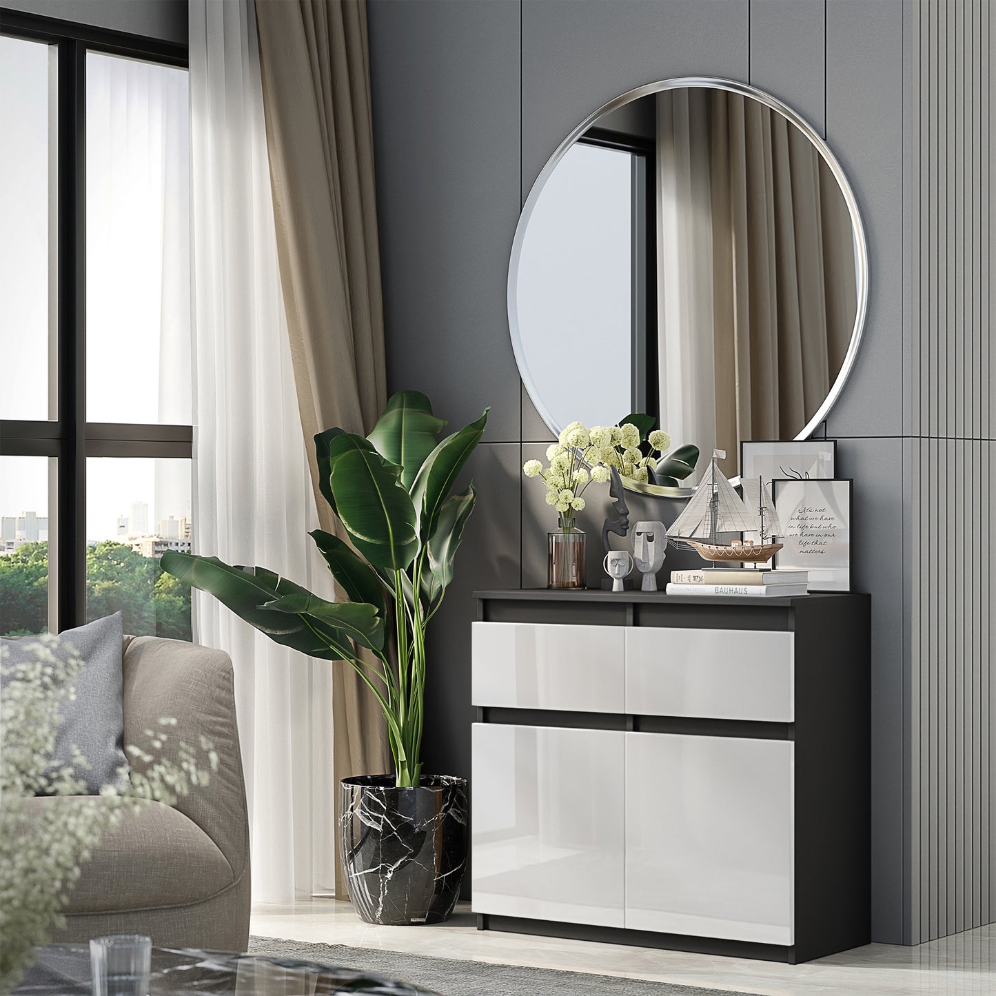 NOAH - Cassettiera con 2 cassetti e 2 ante - Credenza per camera da letto - Antracite / Bianco Lucido