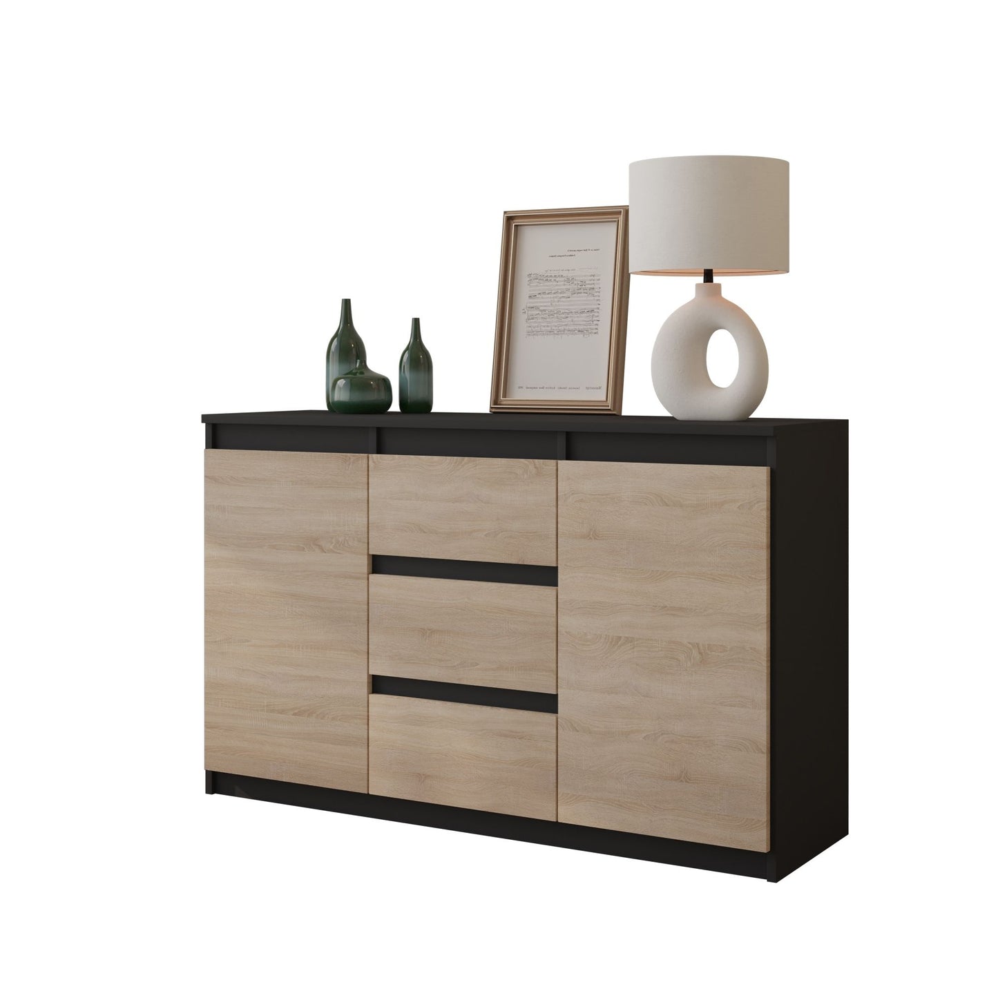 MIKEL - Cassettiera a 3 cassetti e 2 ante - Credenza per camera da letto - Antracite / Rovere Sonoma