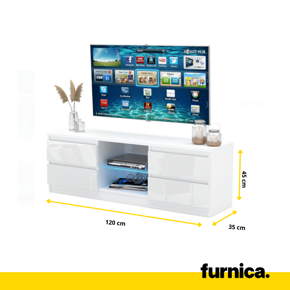 MARCO - Mobile TV con 4 cassetti e 1 ripiano in vetro - H45cm L120cm P35cm - Bianco opaco / Bianco lucido