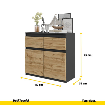 NOAH - Cassettone con 2 cassetti e 2 ante - Credenza per camera da letto - Antracite / Rovere Wotan