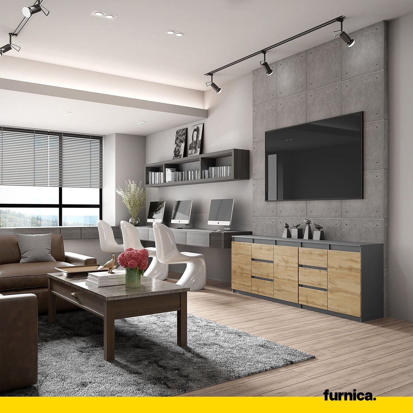 MIKEL - Cassettiera a 6 cassetti e 3 ante - Credenza per camera da letto - Antracite / Rovere Wotan H75cm L200cm P35cm