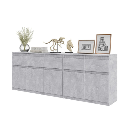 NOAH - Cassettiera a 5 cassetti e 5 ante - Credenza per camera da letto - Calcestruzzo H75cm L200cm P35cm