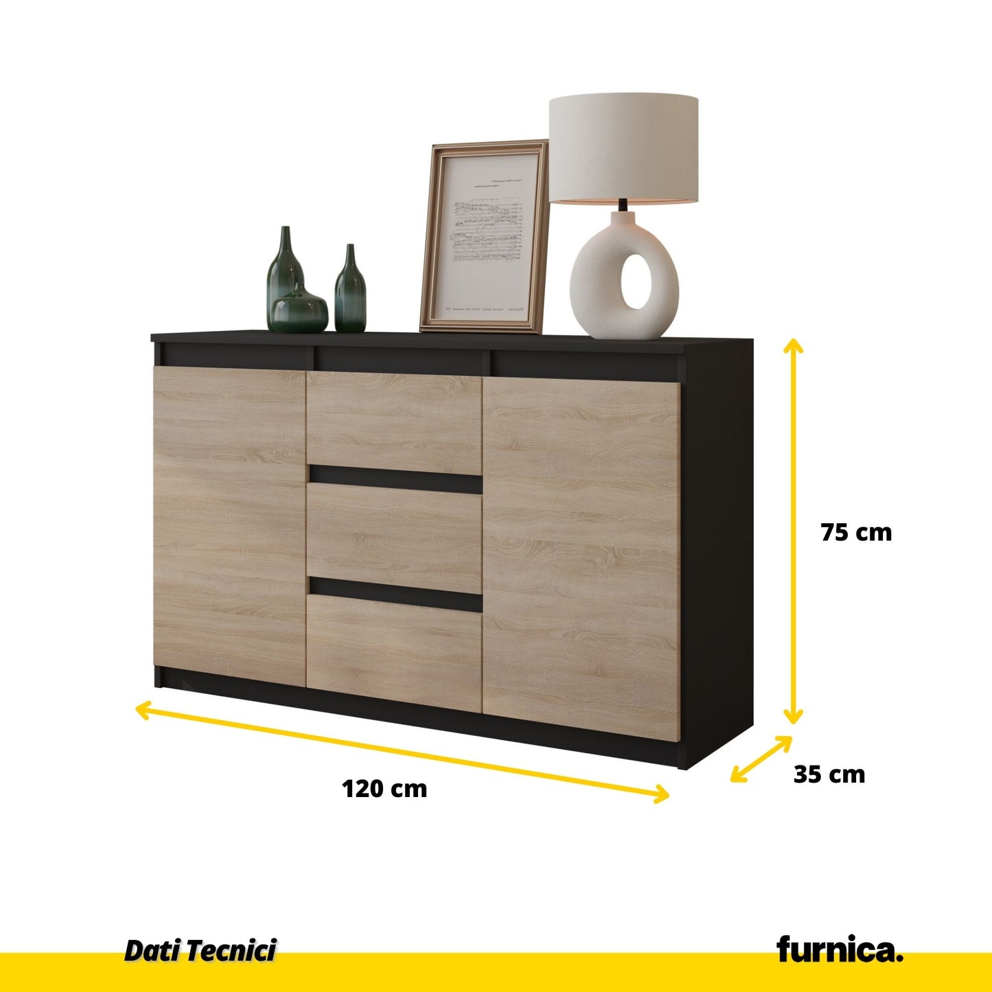 MIKEL - Cassettiera a 3 cassetti e 2 ante - Credenza per camera da letto - Antracite / Rovere Sonoma