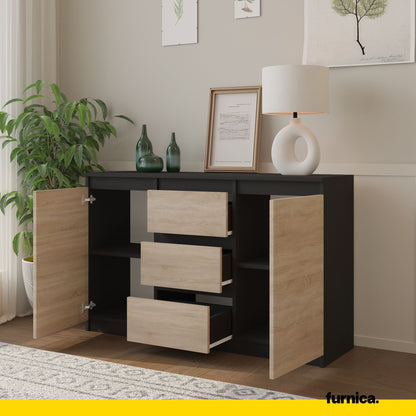 MIKEL - Cassettiera a 3 cassetti e 2 ante - Credenza per camera da letto - Antracite / Rovere Sonoma