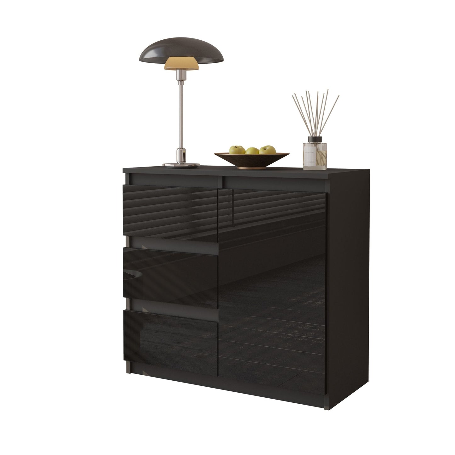 MIKEL - Cassettiera con 3 cassetti e 1 anta - Credenza per camera da letto - Antracite / Nero Lucido