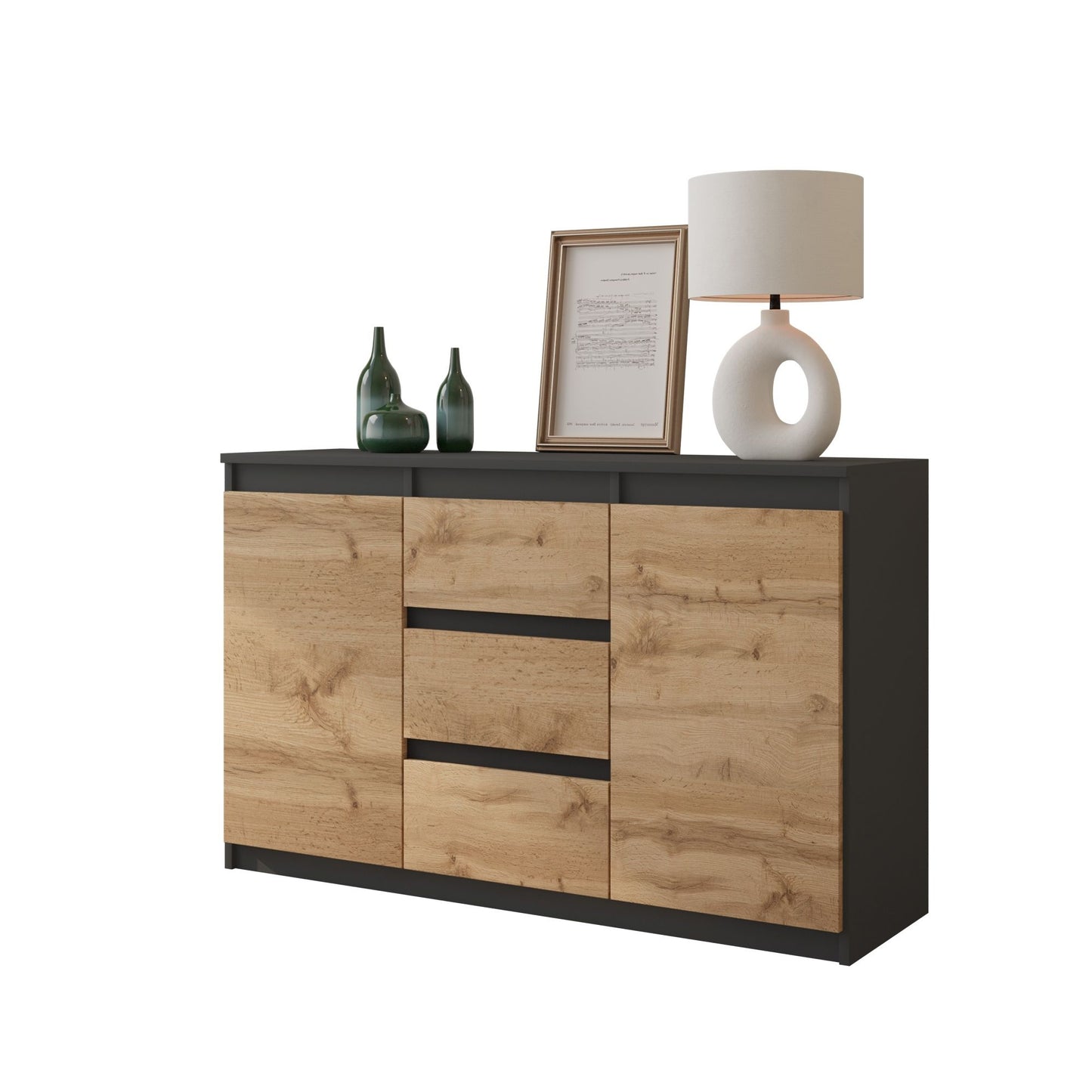 MIKEL - Cassettiera con 3 cassetti e 2 ante - Credenza per camera da letto - Antracite / Quercia Wotan