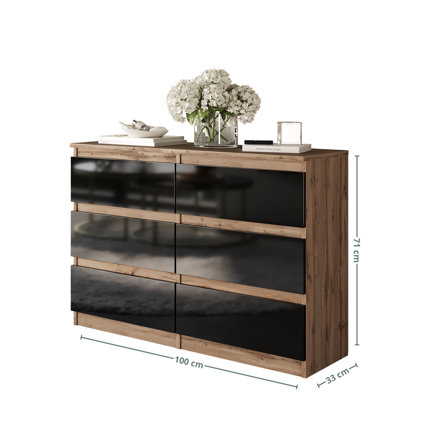 GABRIEL - Cassettiera a 6 cassetti - Credenza per camera da letto - Rovere di Wotan / Nero Lucido