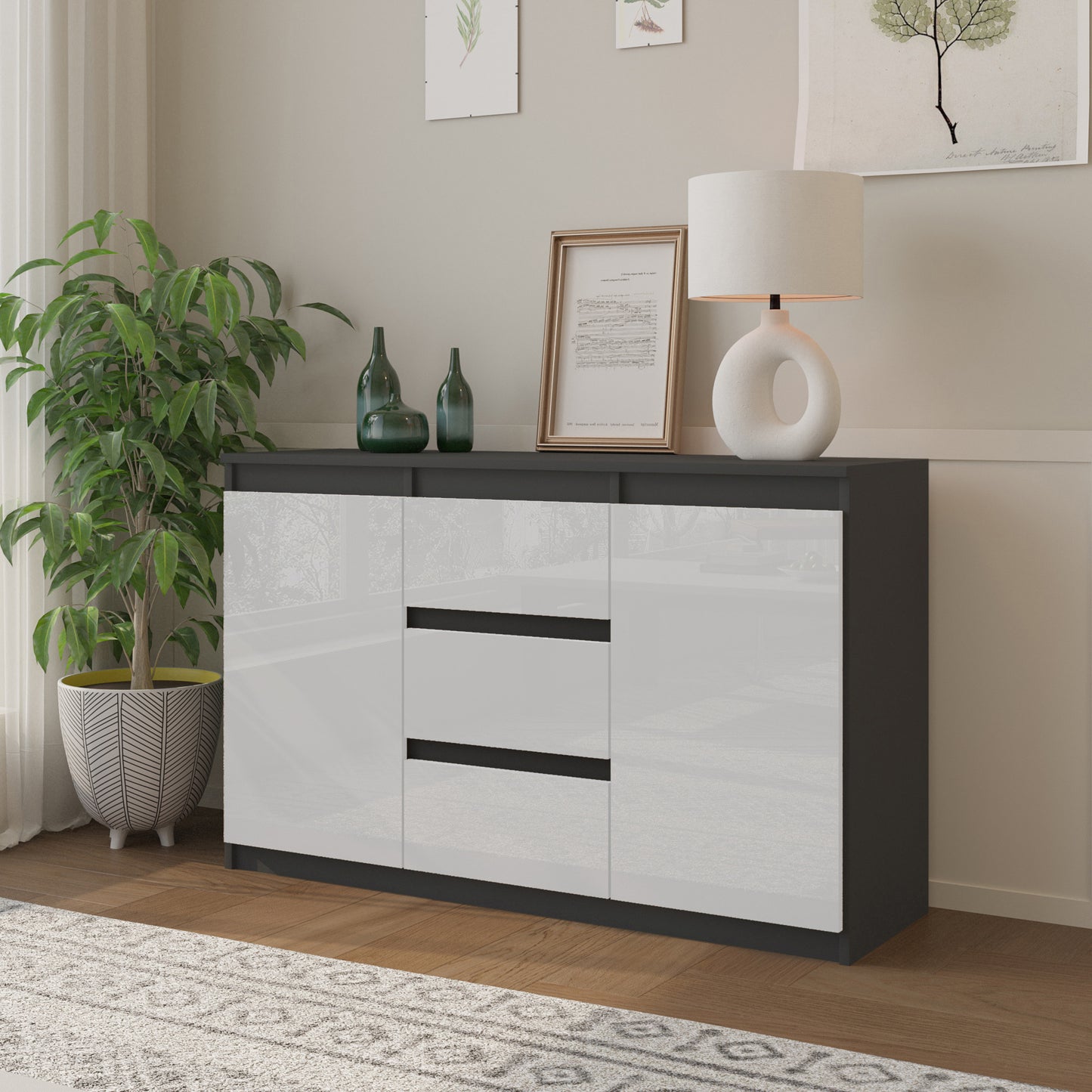 MIKEL - Cassettiera con 3 cassetti e 2 ante - Credenza per camera da letto - Antracite / Bianco Lucido