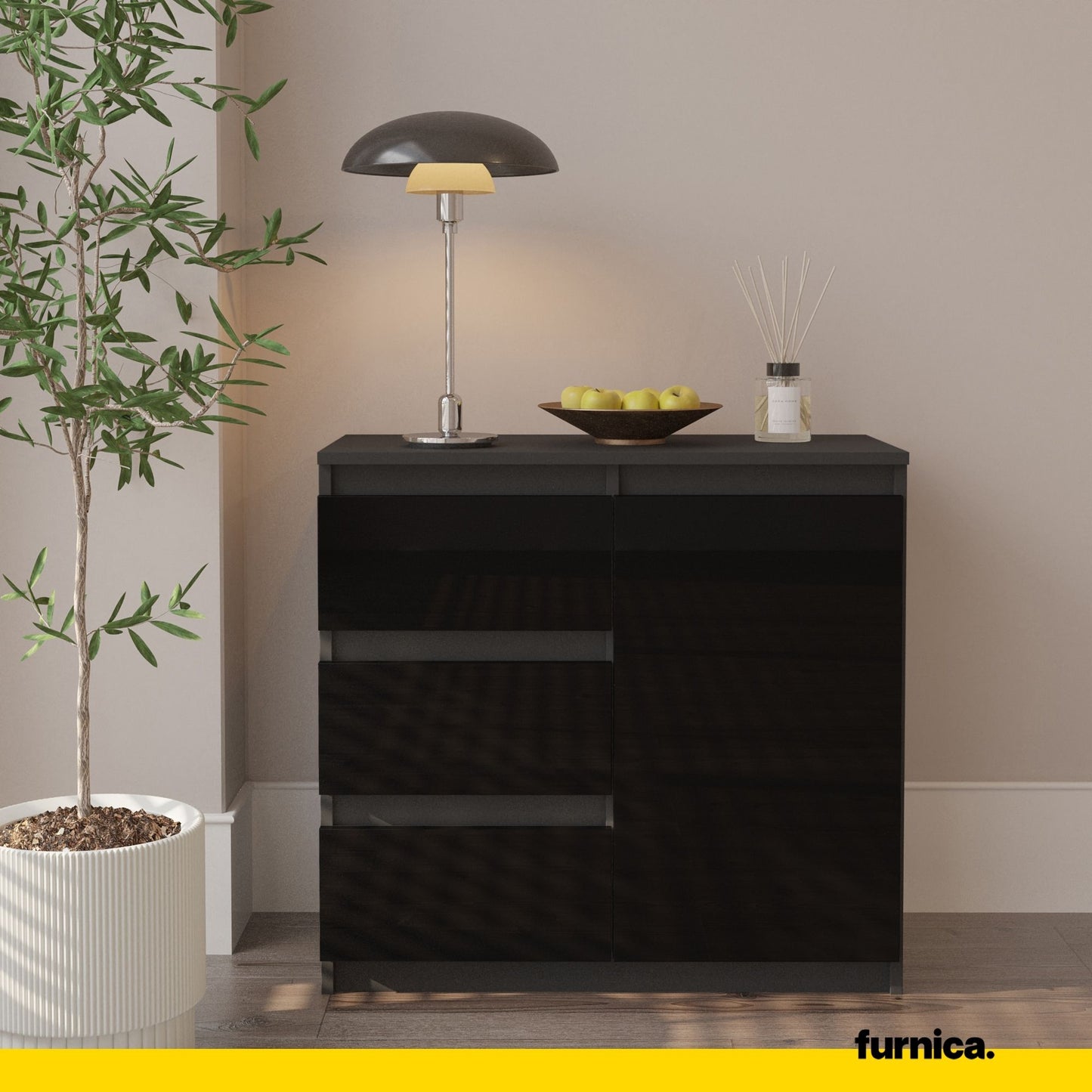 MIKEL - Cassettiera con 3 cassetti e 1 anta - Credenza per camera da letto - Antracite / Nero Lucido