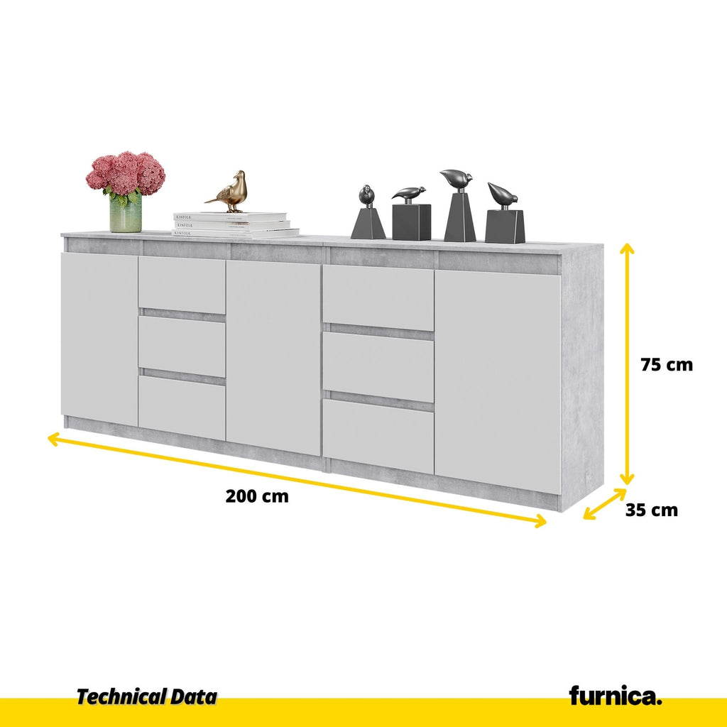 MIKEL - Cassettone con 6 cassetti e 3 ante - Credenza per camera da letto - Calcestruzzo / Bianco Opaco H75cm L200cm P35cm