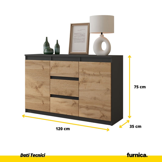 MIKEL - Cassettiera con 3 cassetti e 2 ante - Credenza per camera da letto - Antracite / Quercia Wotan