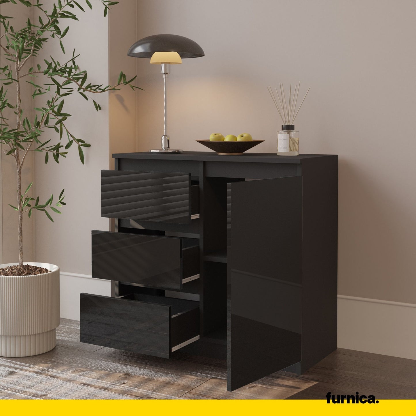 MIKEL - Cassettiera con 3 cassetti e 1 anta - Credenza per camera da letto - Antracite / Nero Lucido