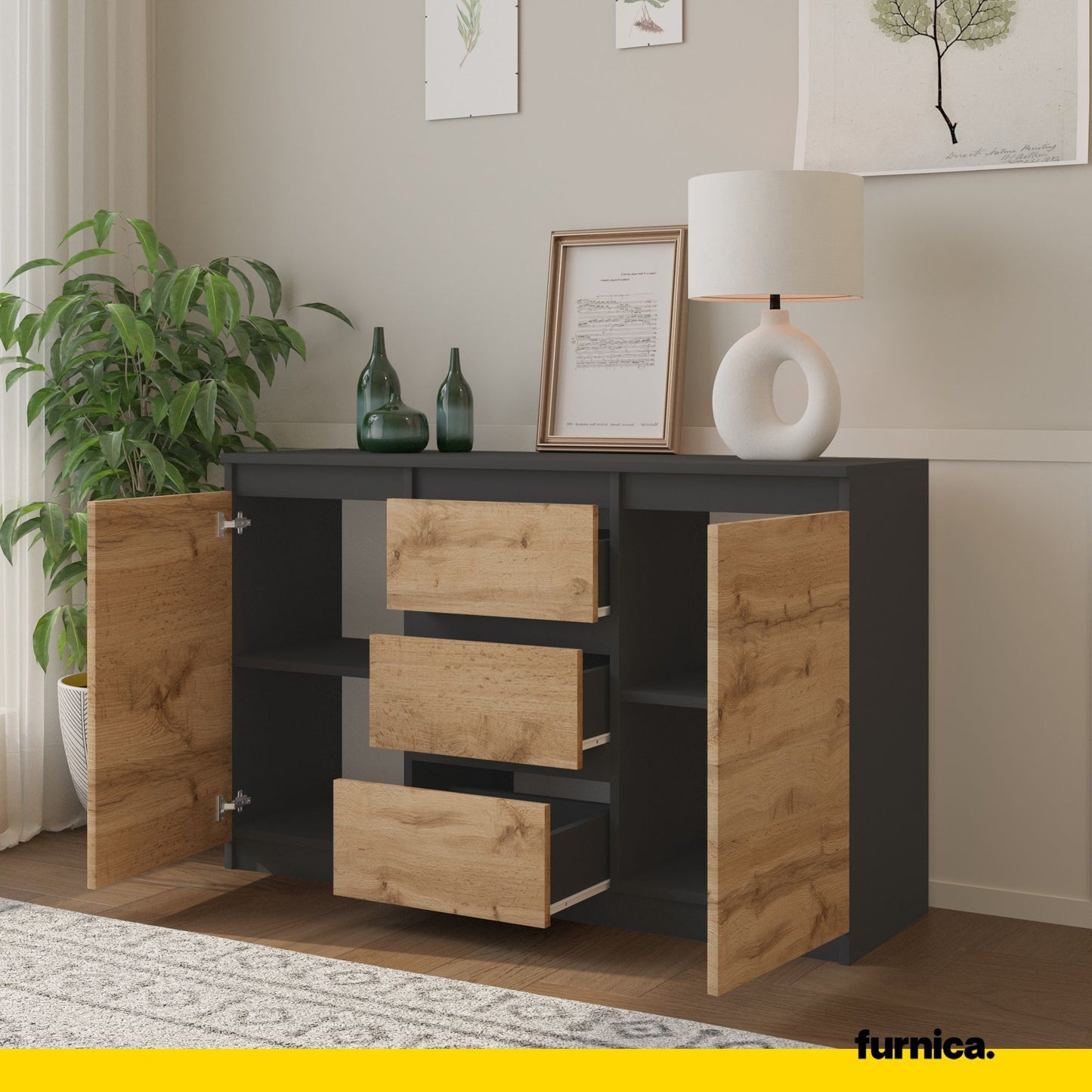 MIKEL - Cassettiera con 3 cassetti e 2 ante - Credenza per camera da letto - Antracite / Quercia Wotan