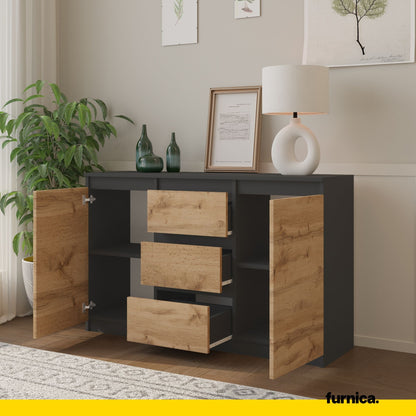 MIKEL - Cassettiera con 3 cassetti e 2 ante - Credenza per camera da letto - Antracite / Quercia Wotan