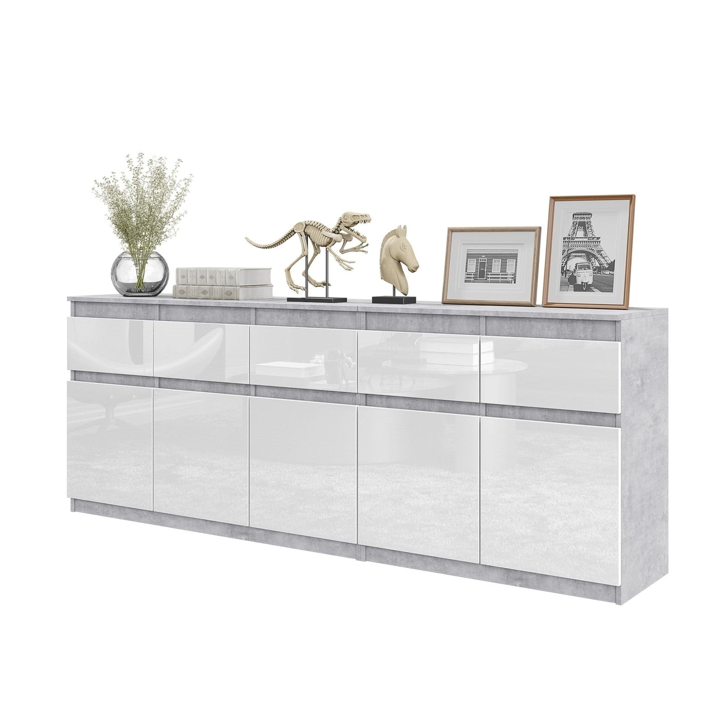 NOAH - Cassettiera a 5 cassetti e 5 ante - Credenza per camera da letto - Calcestruzzo / Bianco Lucido H75cm L200cm P35cm