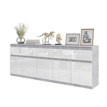 NOAH - Cassettiera a 5 cassetti e 5 ante - Credenza per camera da letto - Calcestruzzo / Bianco Lucido H75cm L200cm P35cm