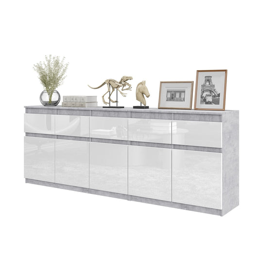 NOAH - Cassettiera a 5 cassetti e 5 ante - Credenza per camera da letto - Calcestruzzo / Bianco Lucido H75cm L200cm P35cm