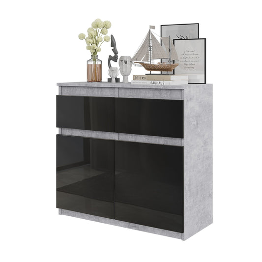 NOAH - Cassettiera con 2 cassetti e 2 ante - Credenza per camera da letto - Calcestruzzo / Nero Lucido