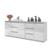 MIKEL - Cassettone con 6 cassetti e 3 ante - Credenza per camera da letto - Calcestruzzo / Bianco lucido H75cm L200cm P35cm