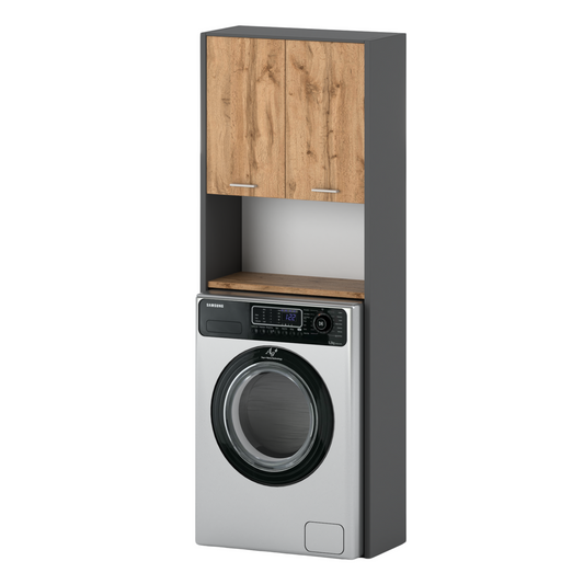 EMMA - Mobile bagno con ante e ripiani - Antracite / Rovere Wotan H165cm L64cm P30cm