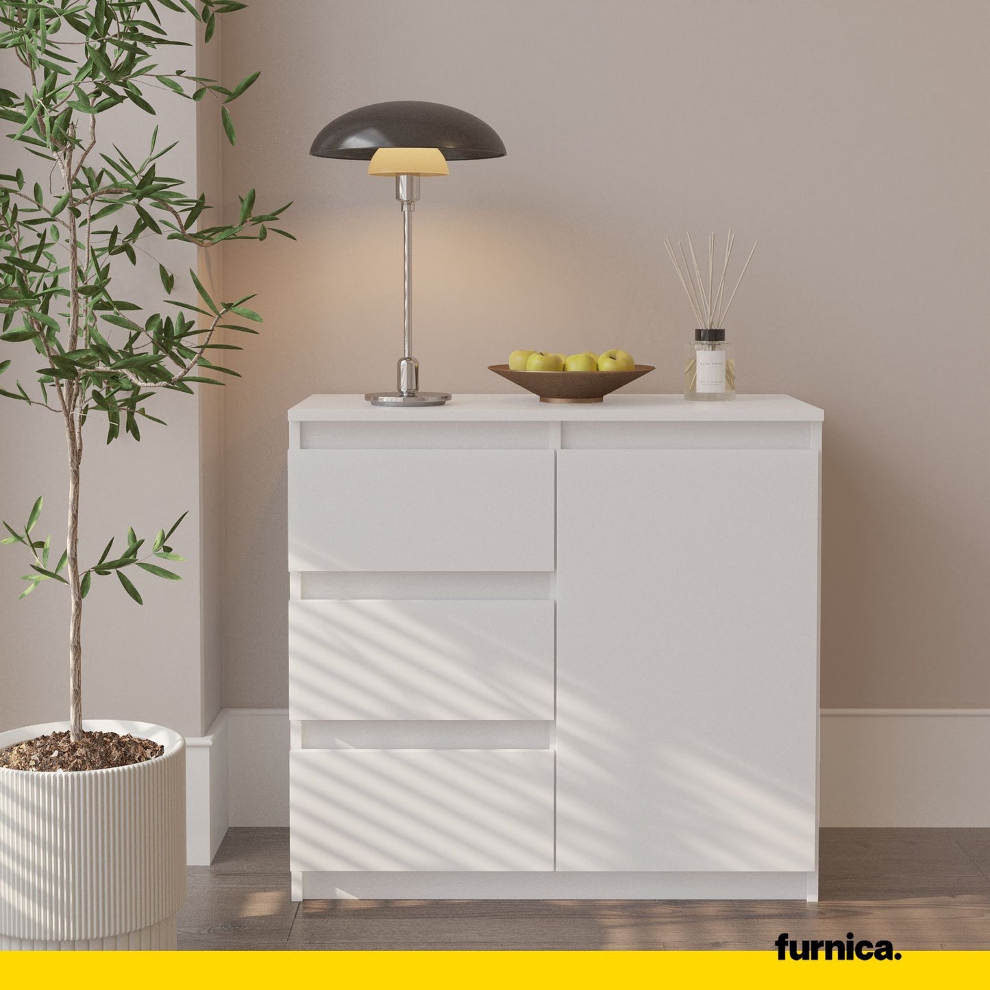 MIKEL - Cassettiera con 3 cassetti e 1 anta - Credenza per camera da letto - Bianco Opaco