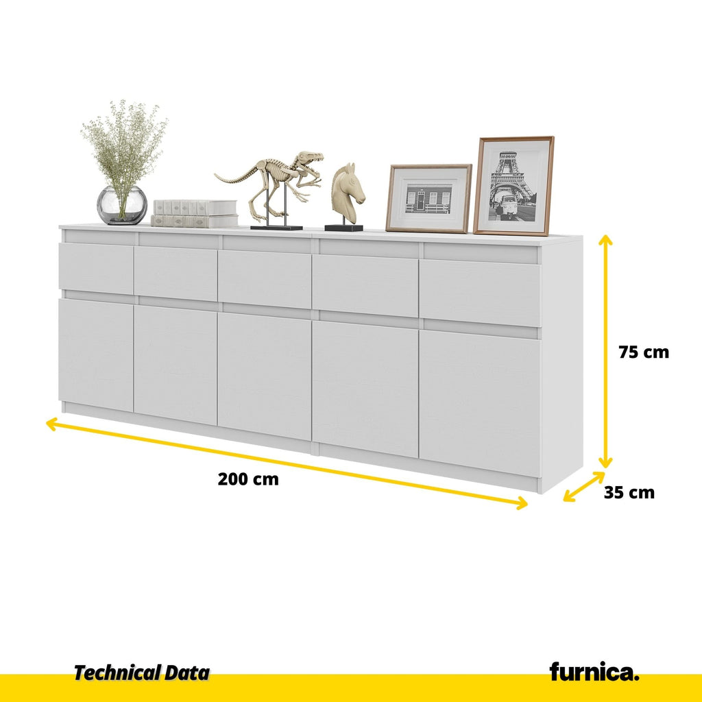 NOAH - Cassettiera a 5 cassetti e 5 ante - Credenza per camera da letto - Bianco Opaco H75cm L200cm P35cm