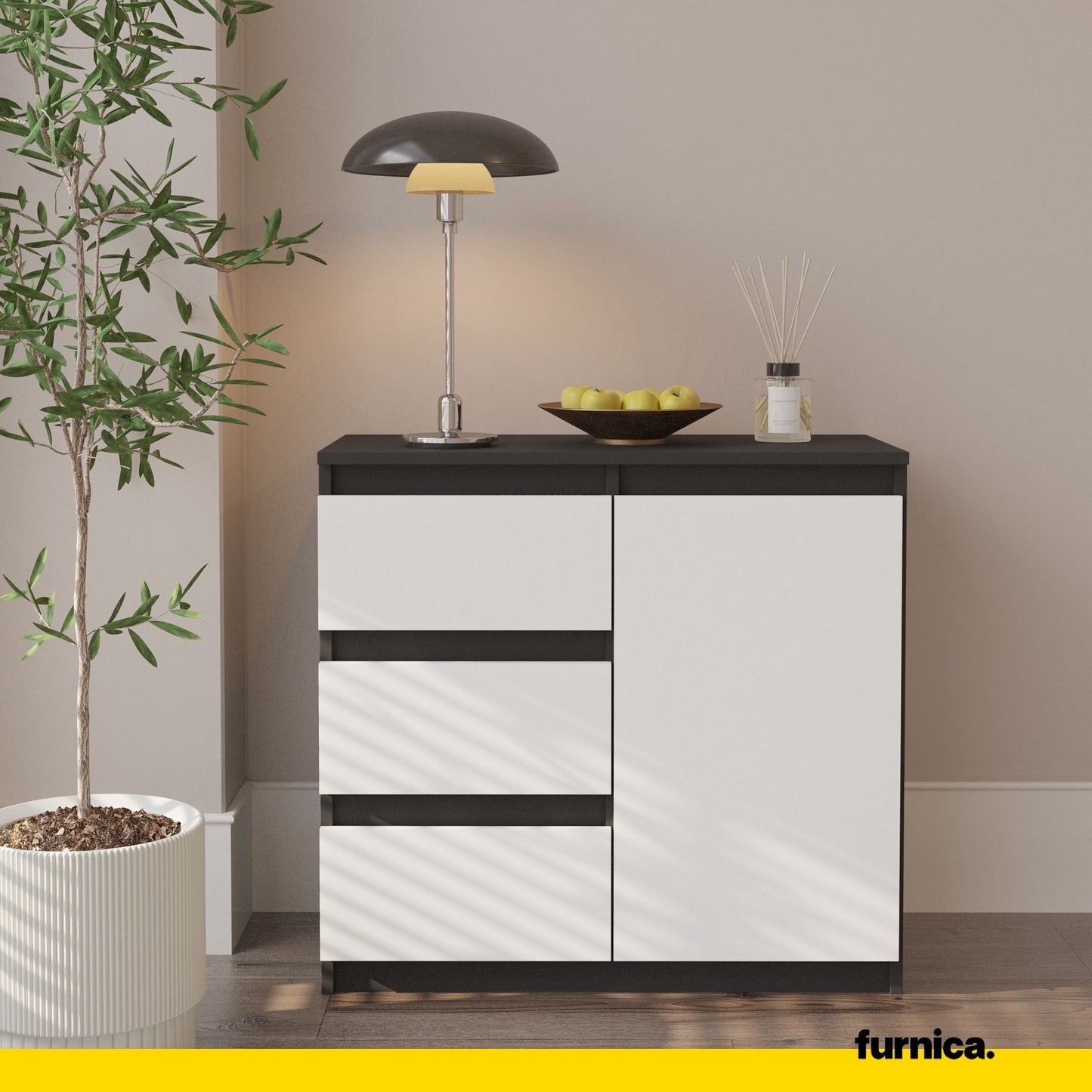 MIKEL - Cassettiera con 3 cassetti e 1 anta - Credenza per camera da letto - Antracite / Bianco Opaco
