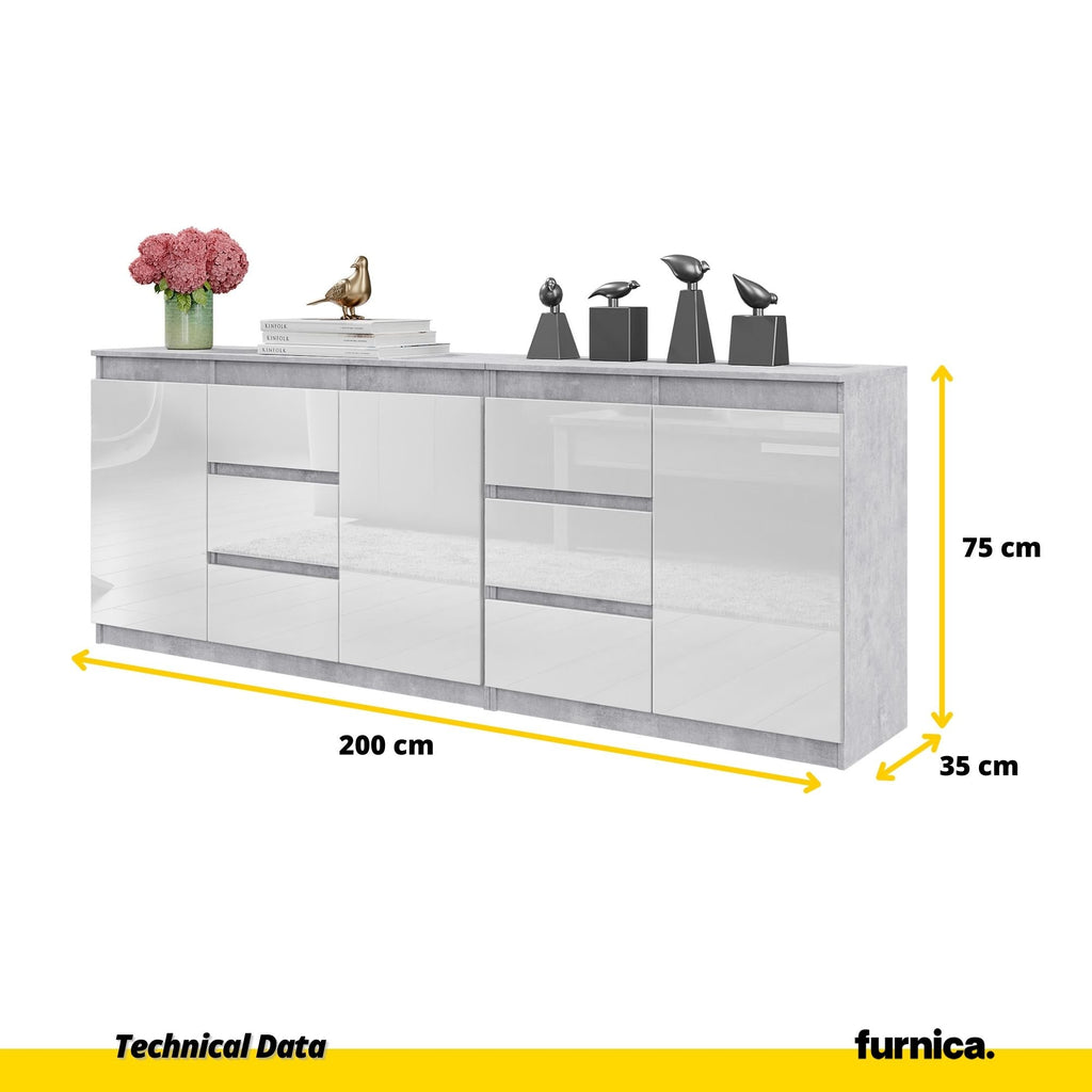 MIKEL - Cassettone con 6 cassetti e 3 ante - Credenza per camera da letto - Calcestruzzo / Bianco Lucido H75cm L200cm P35cm