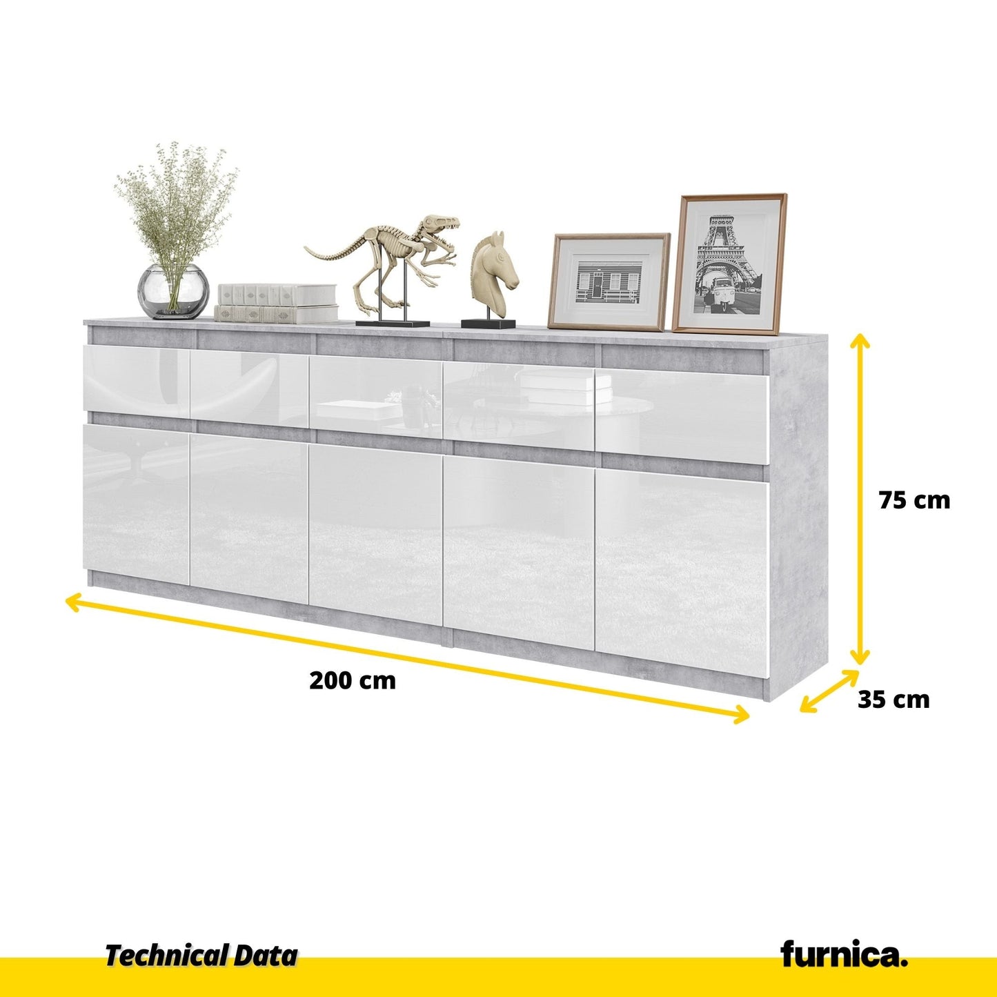 NOAH - Cassettiera a 5 cassetti e 5 ante - Credenza per camera da letto - Calcestruzzo / Bianco Lucido H75cm L200cm P35cm